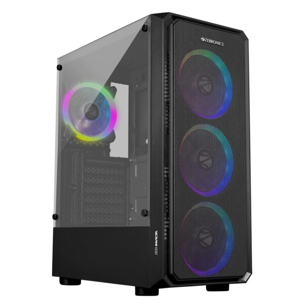 ZEBRONICS Invicta Mid-Tower Premium Gaming Cabinet ATX/MicroATX/Mini ITX, 3X 120mm Front + 1x 120mm Rear Fan